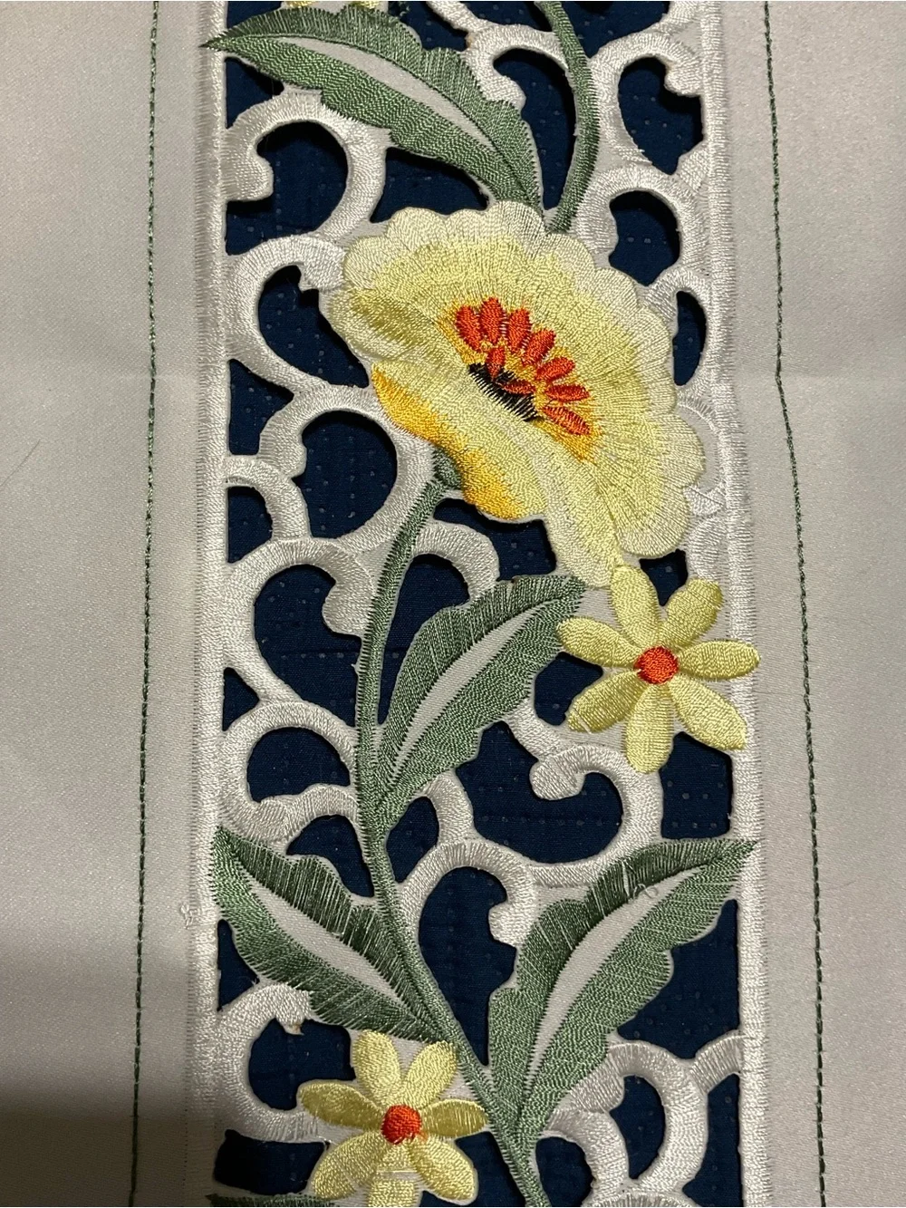 Cream Embroidered Floral Table Runner Cutout Lace - Yellow Flower Detail 50”